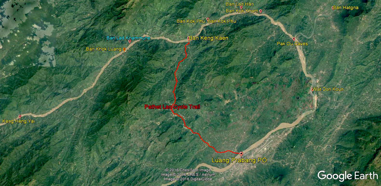 Mekong River map with villages above Luang Prabang